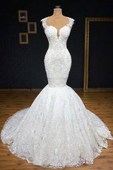 Unique White Straps Mermaid Wedding Dresses With Appliques Tulle Ruffles Lace Bridal Gowns Online-27dress
