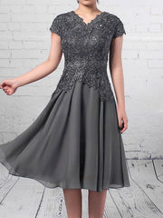 V-neck A-line Knee-length Beaded Chiffon Tulle Mother of the Bride Dress
