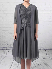 V-neck A-line Knee-length Beaded Chiffon Tulle Mother of the Bride Dress