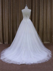 V-neck Ball Gown Tulle Court Train Wedding Dress with Beading