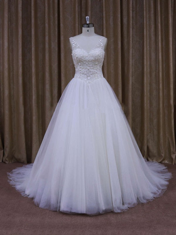 V-neck Ball Gown Tulle Court Train Wedding Dress with Beading