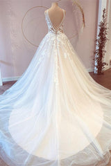 V-Neck Bridal Dress Sleeveless Tulle With Lace Appliques-27dress