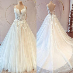 V-Neck Bridal Dress Sleeveless Tulle With Lace Appliques-27dress