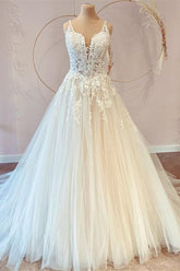 V-Neck Bridal Dress Sleeveless Tulle With Lace Appliques-27dress