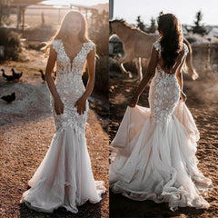 V-Neck Cap Sleeves Wedding Dress Mermaid With Appliques-27dress