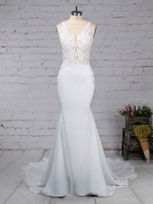 V-neck Chiffon Sweep Train Wedding Dress With Appliques Lace - Trumpet/Mermaid