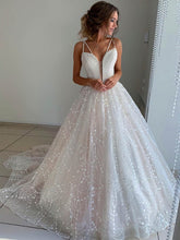 V-neck Glitter Court Train Wedding Dress with Appliques Lace