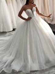 V-neck Glitter Court Train Wedding Dresses - Ball Gown