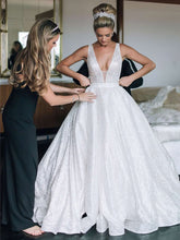 V-neck Glitter Court Train Wedding Dresses With Beading for Ball Gown