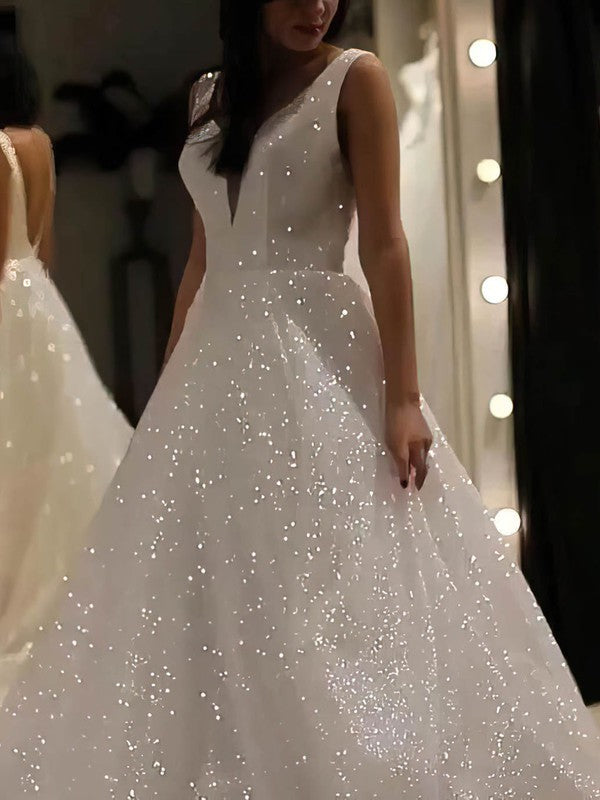 V-neck Glitter Sweep Train Wedding Dress for the Ball Gown Look