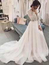 V-neck Glitter Sweep Train Wedding Gown With Appliques Lace