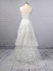 V-neck Lace Ball Gown Wedding Dress With Beading and Sweep Train