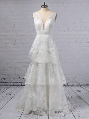 V-neck Lace Ball Gown Wedding Dress With Beading and Sweep Train