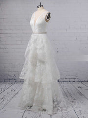 V-neck Lace Ball Gown Wedding Dress With Beading and Sweep Train