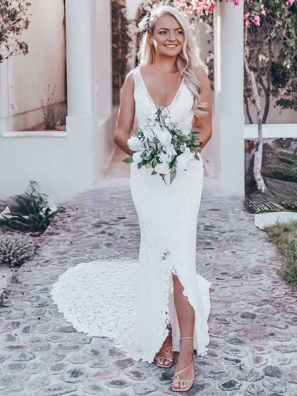 Mermaid V-neck Lace Court Train Wedding Brides Dresses with Split Fron 27dress Mermaid V-neck Lace Court Train Wedding Brides Dresses with Split Fron 27dress