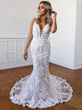 V-neck Lace Sweep Train Wedding Dress with Appliques for Trumpet/Mermaid Look