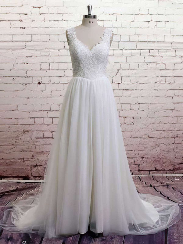 V-neck Lace Tulle Ball Gown Wedding Dress with Sweep Train