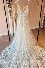 V-Neck Lace Wedding Dress Spaghetti-Straps Tulle Appliques-27dress