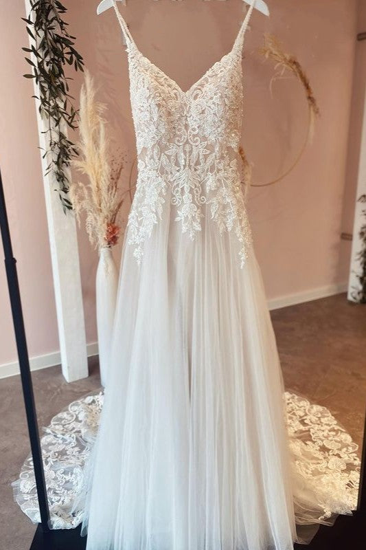 V-Neck Lace Wedding Dress Spaghetti-Straps Tulle Appliques-27dress
