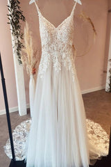 V-Neck Lace Wedding Dress Spaghetti-Straps Tulle Appliques-27dress