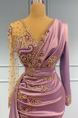 V Neck Long Sleeves Beadings Long Prom Dress V Neck Mermaid With Pleated