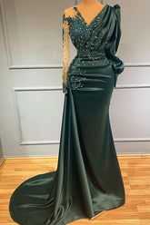 V Neck Long Sleeves Evening Dress Beadings Dark Green Prom With Lace Appliques