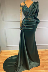 V Neck Long Sleeves Evening Dress Beadings Dark Green Prom With Lace Appliques