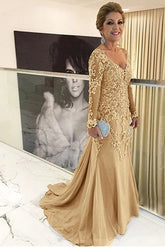 V-neck Long Sleeves Mother Of The Bride Dress with Lace Applique