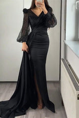 V Neck Long Sleeves Sequins Mermaid Split Prom Dress With Ruffles