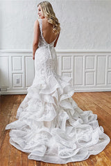 V-Neck Mermaid Lace Wedding Dress With Ruffles-27dress