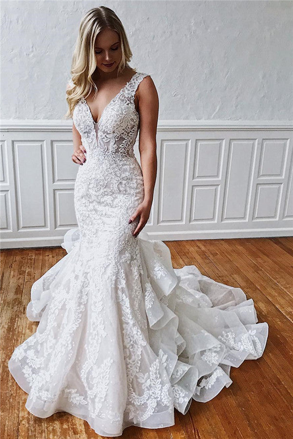 V-Neck Mermaid Lace Wedding Dress With Ruffles-27dress