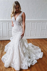 V-Neck Mermaid Lace Wedding Dress With Ruffles-27dress