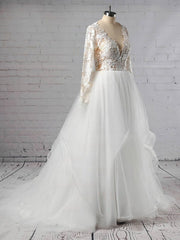 V-neck Organza Ball Gown Wedding Dress with Cascading Ruffles and Sweep Train