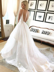 V-neck Organza Ball Gown Wedding Dress with Ruffles and Sweep Train