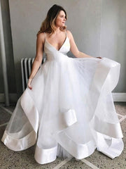 V-neck Organza Ball Gown Wedding Dress with Ruffles and Sweep Train