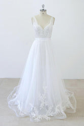 V-neck Ruffle Applqiues Tulle A-line Wedding Dress On Sale-27dress
