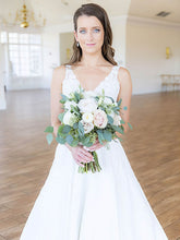 V-neck Satin Court Train Wedding Dress With Appliques Lace for Ball Gowns