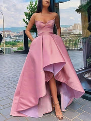 V-neck Satin Pockets Ball Gown/Princess Asymmetrical Prom Dresses