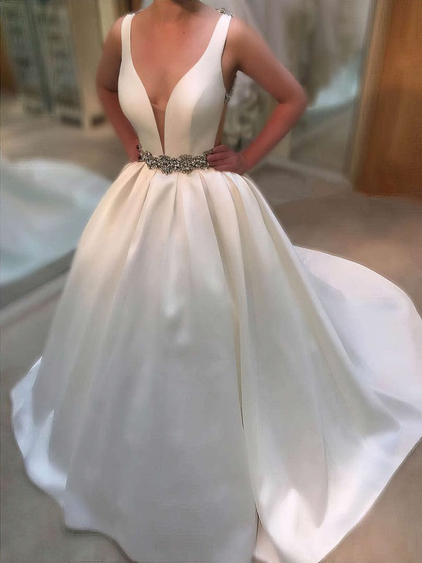 V-neck Satin Sweep Train Ball Gown Prom Dresses with Beading