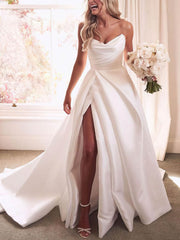 V-neck Satin Sweep Train Ball Gown Wedding Dress With Split Front