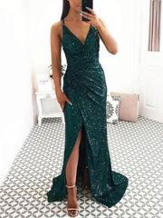 V-neck Sequined Sheath/Column Sweep Train Prom Dress with Ruffles