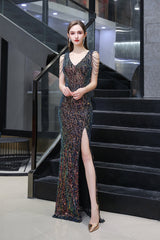 V-Neck Sequins Long Evening Dress With Split-27dress