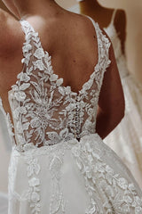 V-Neck Sleeveless A-Line Wedding Dress Lace Appliques With Beads-27dress