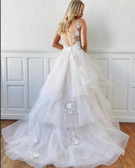 V-Neck Sleeveless Appliques Wedding Dress With Ruffles-27dress