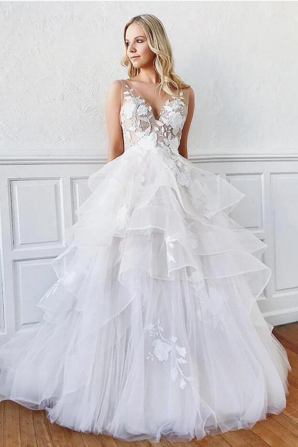 V-Neck Sleeveless Appliques Wedding Dress With Ruffles-27dress