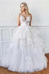 V-Neck Sleeveless Appliques Wedding Dress With Ruffles-27dress
