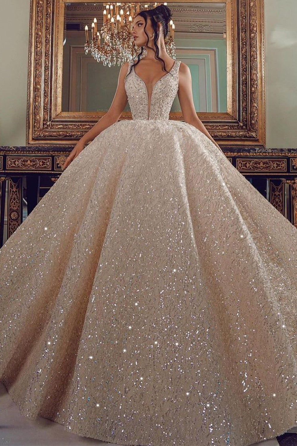 V-Neck Sleeveless Ball Gown Wedding Dress With Sequins-27dress