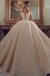 V-Neck Sleeveless Ball Gown Wedding Dress With Sequins-27dress