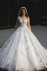 V-Neck Sleeveless Ball Gown Wedding Dress With Silver Applqiues-27dress