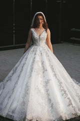 V-Neck Sleeveless Ball Gown Wedding Dress With Silver Applqiues-27dress
